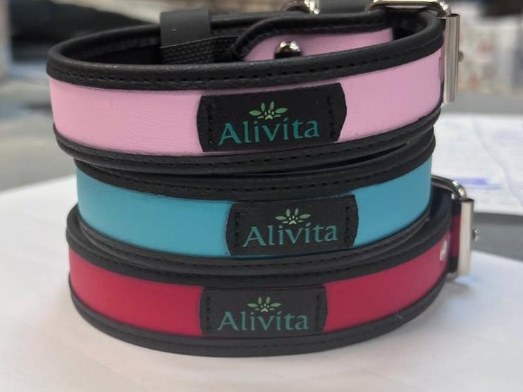 Collare per cani Alivita in similpelle rosso, verde e rosa
