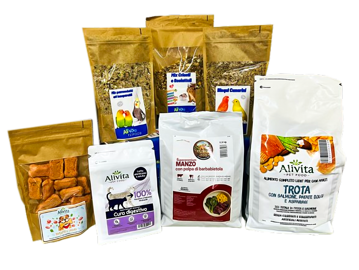 Prodotti Alivita Pet Food: crocchette, snack, fieno e alimenti per cani, gatti, roditori e uccelli